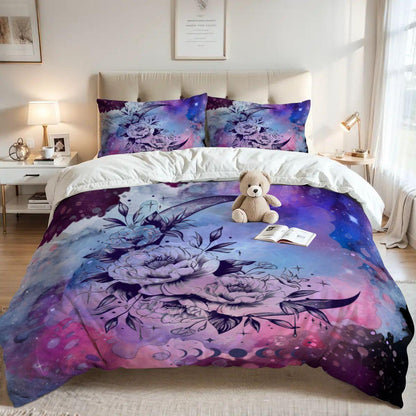 Black Celestial Duvet Cover Set – Watercolor Design,  Queen Bedding, Inclues 2 Pillowcases