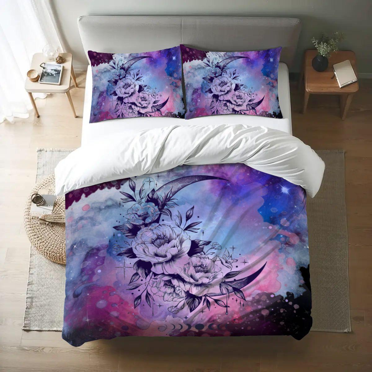 Black Celestial Duvet Cover Set – Watercolor Design,  Queen Bedding, Inclues 2 Pillowcases