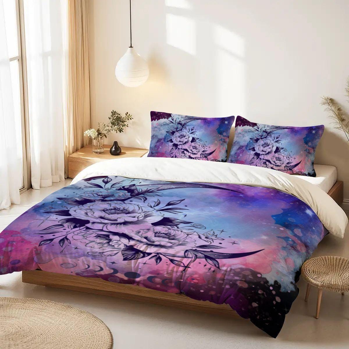 Black Celestial Duvet Cover Set – Watercolor Design,  Queen Bedding, Inclues 2 Pillowcases