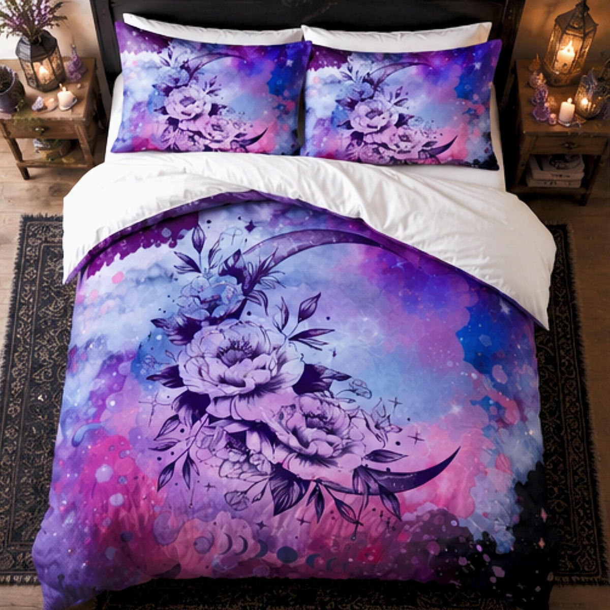 May include: A bedding set featuring a duvet cover and two pillowcases with a vibrant purple, blue, and pink galaxy print. The design displays a large crescent moon adorned with detailed floral illustrations, stars, and celestial clouds.