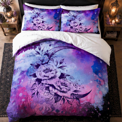 May include: A bedding set featuring a duvet cover and two pillowcases with a vibrant purple, blue, and pink galaxy print. The design displays a large crescent moon adorned with detailed floral illustrations, stars, and celestial clouds.