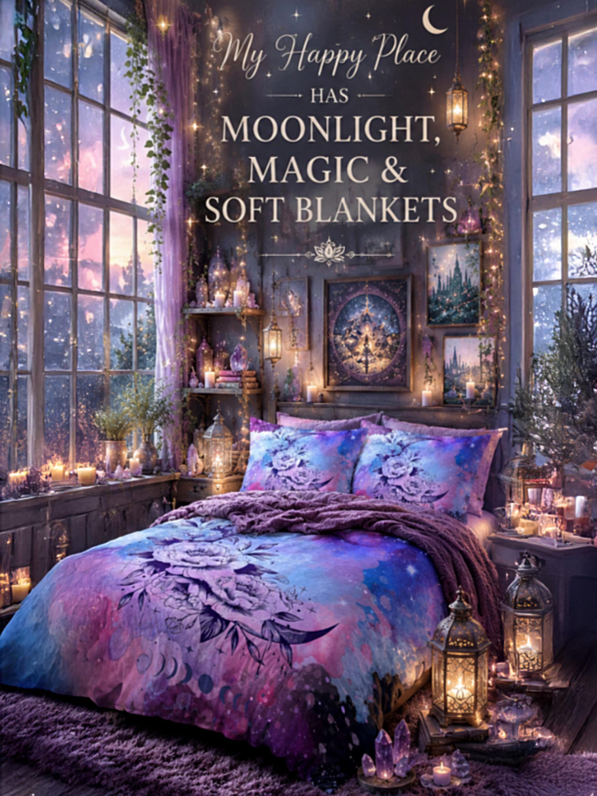 May include: A bedding set featuring a purple and blue galaxy-inspired floral print with a matching duvet cover and two pillows. The text "My Happy Place HAS MOONLIGHT, MAGIC &amp; SOFT BLANKETS" is displayed above the bed in a room with lanterns.