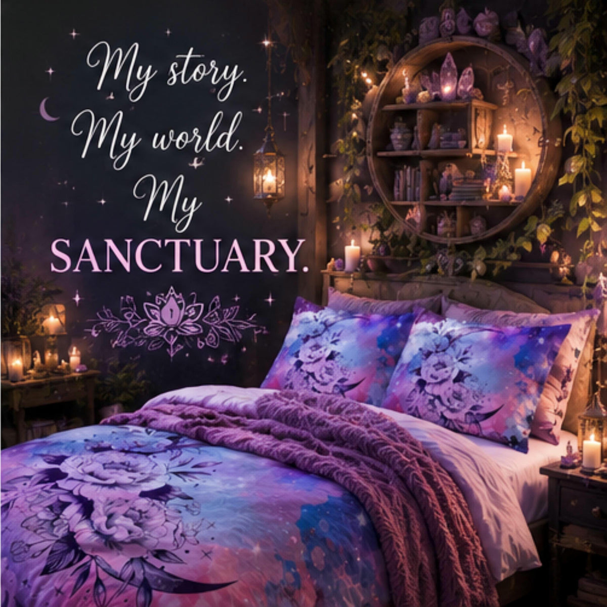 May include: A bedroom featuring a bed with a purple and blue floral galaxy print duvet cover and matching pillows. The wall displays the text My story. My world. My SANCTUARY. above a lotus graphic. A circular wooden shelf holds crystals and candles.