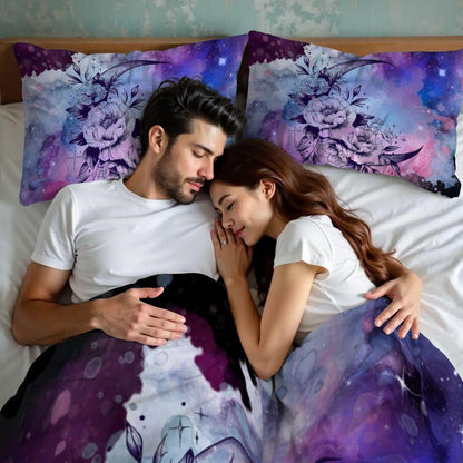 Black Celestial Duvet Cover Set – Watercolor Design,  Queen Bedding, Inclues 2 Pillowcases