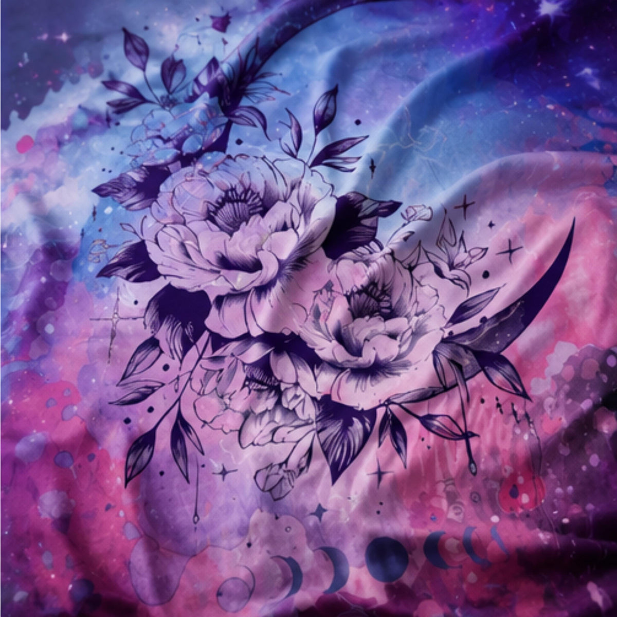 May include: A fabric textile featuring a vibrant galaxy print in shades of purple, pink, and blue. The design includes a central illustration of dark purple peonies and leaves arranged around a crescent moon, with small moon phase icons below.