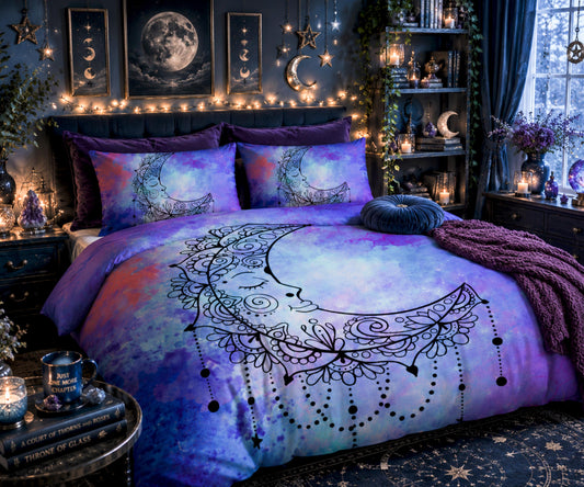 Blue Crescent Moon Duvet Cover Set – Watercolor Sleeping Moon Queen Bedding, Includes 2 Pillowcases
