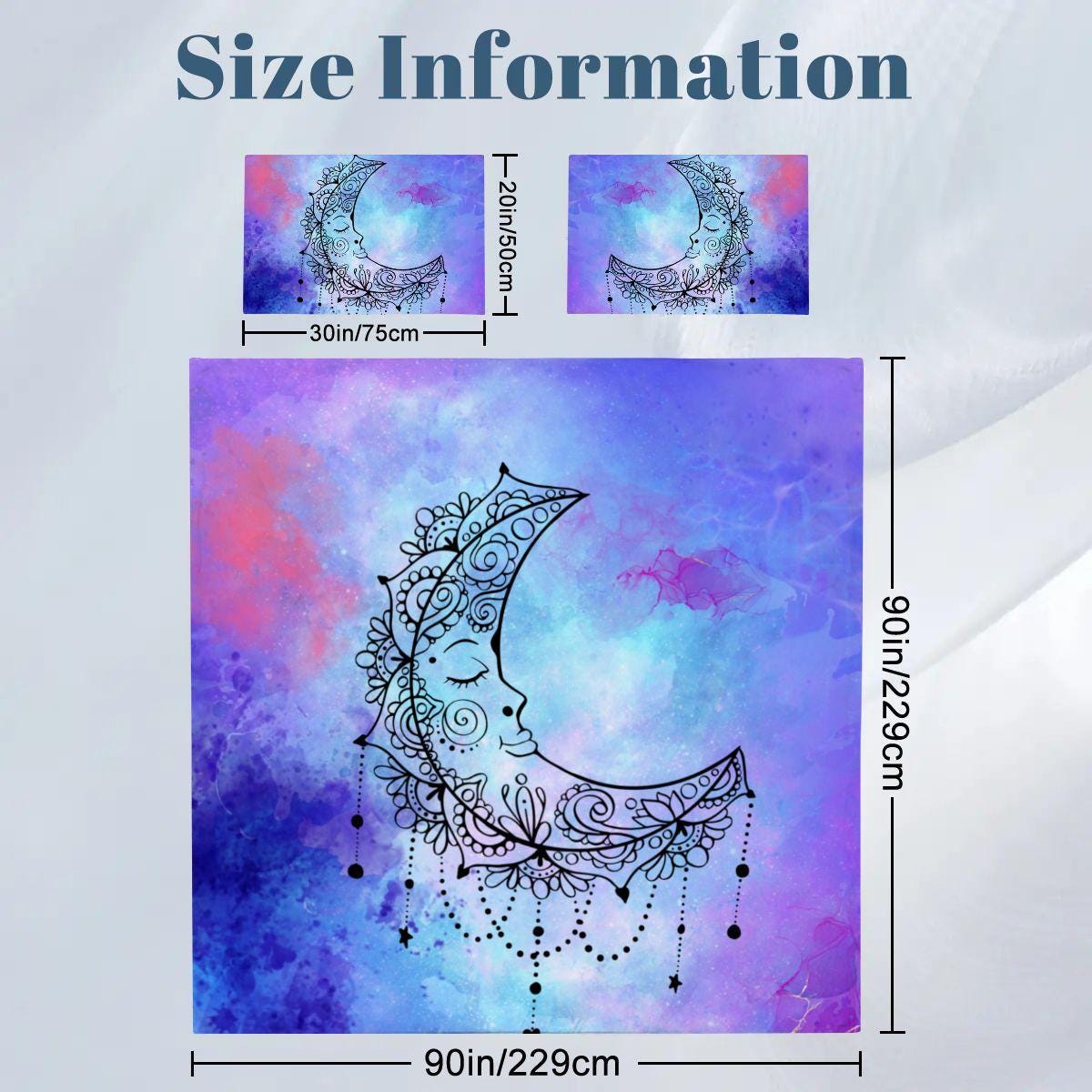 Blue Crescent Moon Duvet Cover Set – Watercolor Sleeping Moon Queen Bedding, Includes 2 Pillowcases