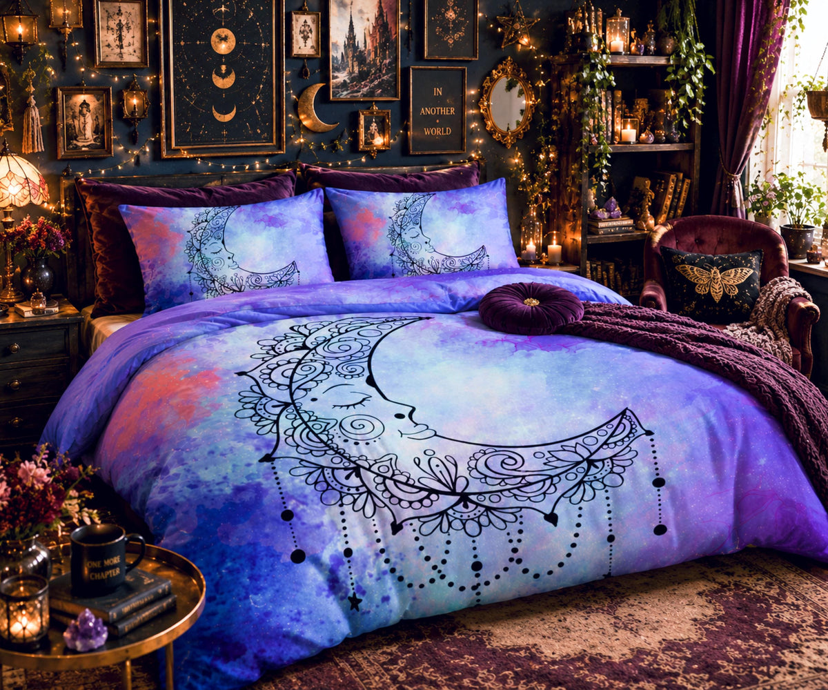 Blue Crescent Moon Duvet Cover Set – Watercolor Sleeping Moon Queen Bedding, Includes 2 Pillowcases