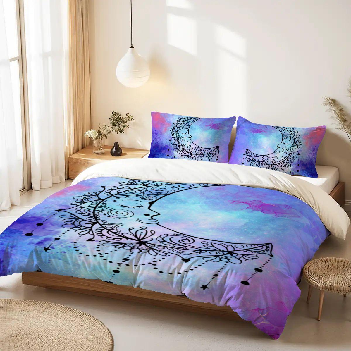 Blue Crescent Moon Duvet Cover Set – Watercolor Sleeping Moon Queen Bedding, Includes 2 Pillowcases