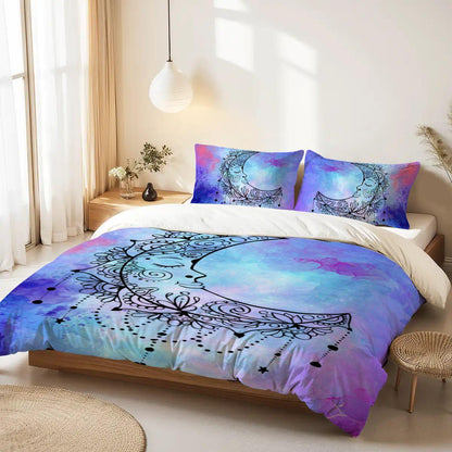 Blue Crescent Moon Duvet Cover Set – Watercolor Sleeping Moon Queen Bedding, Includes 2 Pillowcases