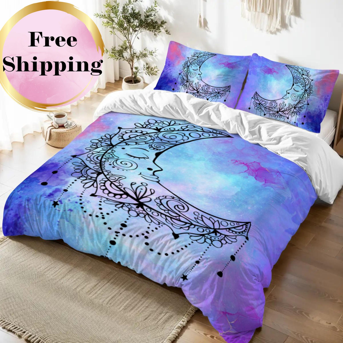 Blue Crescent Moon Duvet Cover Set – Watercolor Sleeping Moon Queen Bedding, Includes 2 Pillowcases