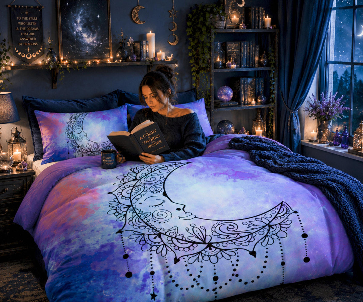 Blue Crescent Moon Duvet Cover Set – Watercolor Sleeping Moon Queen Bedding, Includes 2 Pillowcases