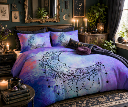 Blue Crescent Moon Duvet Cover Set – Watercolor Sleeping Moon Queen Bedding, Includes 2 Pillowcases