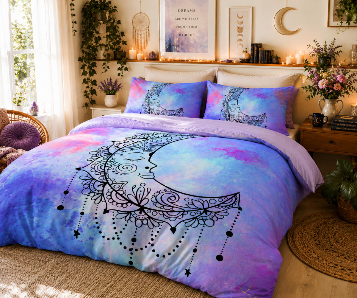 Blue Crescent Moon Duvet Cover Set – Watercolor Sleeping Moon Queen Bedding, Includes 2 Pillowcases