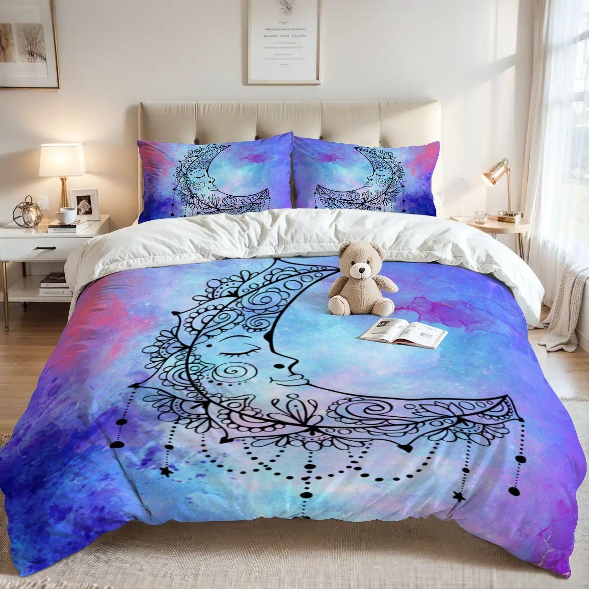 Blue Crescent Moon Duvet Cover Set – Watercolor Sleeping Moon Queen Bedding, Includes 2 Pillowcases