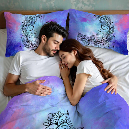 Blue Crescent Moon Duvet Cover Set – Watercolor Sleeping Moon Queen Bedding, Includes 2 Pillowcases