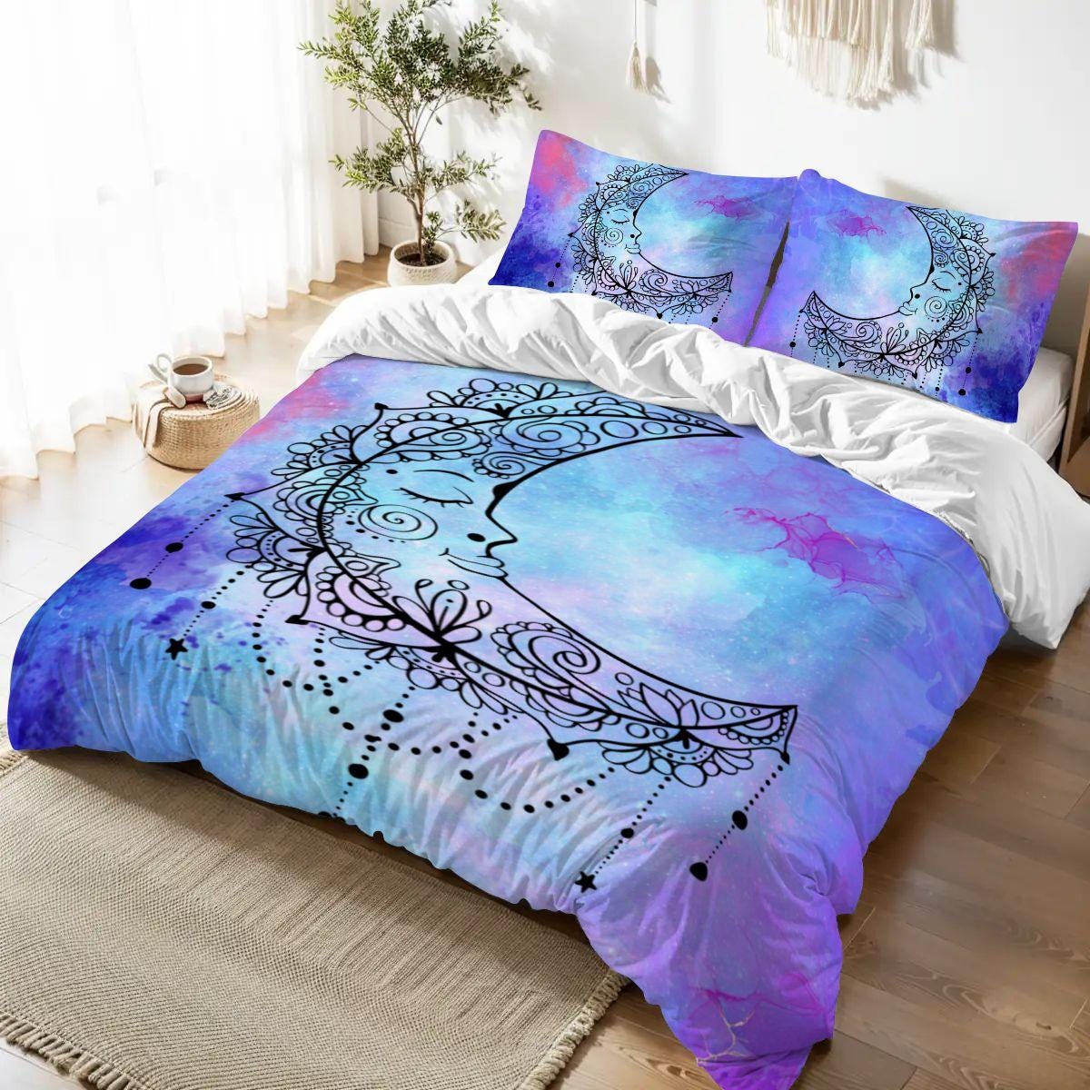 Blue Crescent Moon Duvet Cover Set – Watercolor Sleeping Moon Queen Bedding, Includes 2 Pillowcases