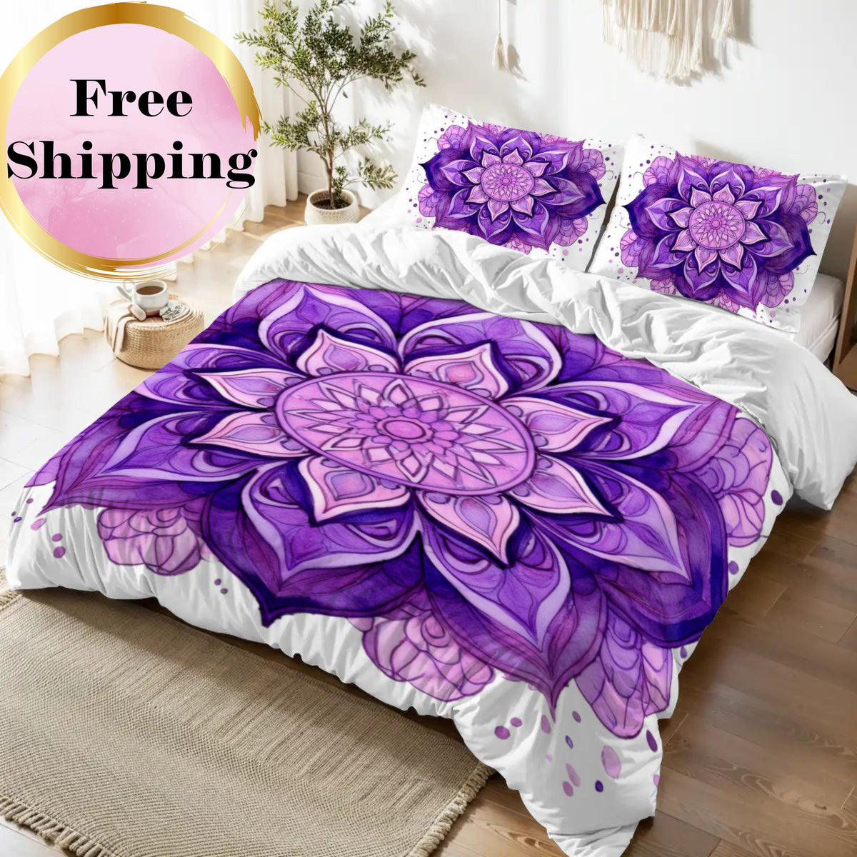 May include: Purple mandala duvet cover with matching pillowcases. The duvet cover features a large, intricate mandala design in shades of purple and pink. The pillowcases have a smaller mandala design.