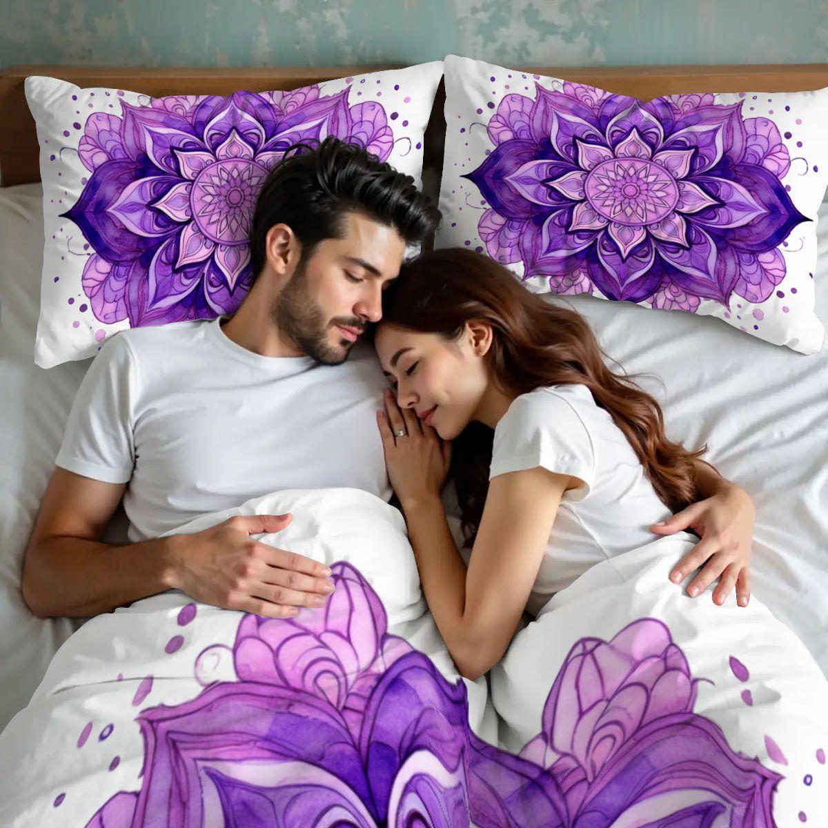 Purple Mandala Queen Duvet Cover Set – Boho Chic White Bedding, Cozy and Stylish Bedroom Decor