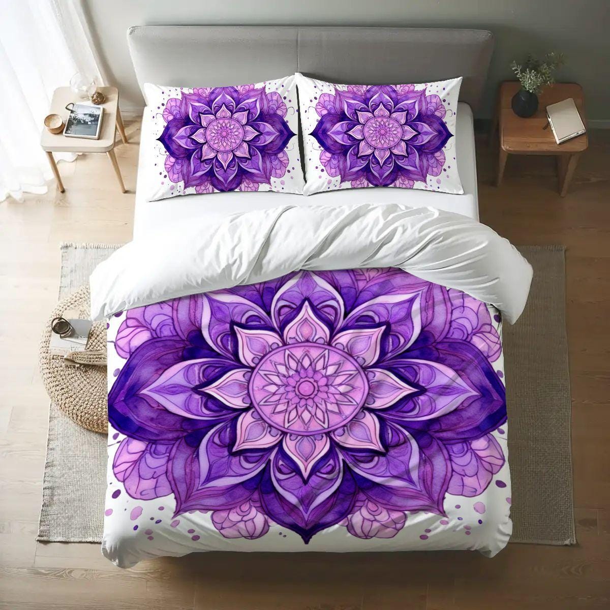 Purple Mandala Queen Duvet Cover Set – Boho Chic White Bedding, Cozy and Stylish Bedroom Decor