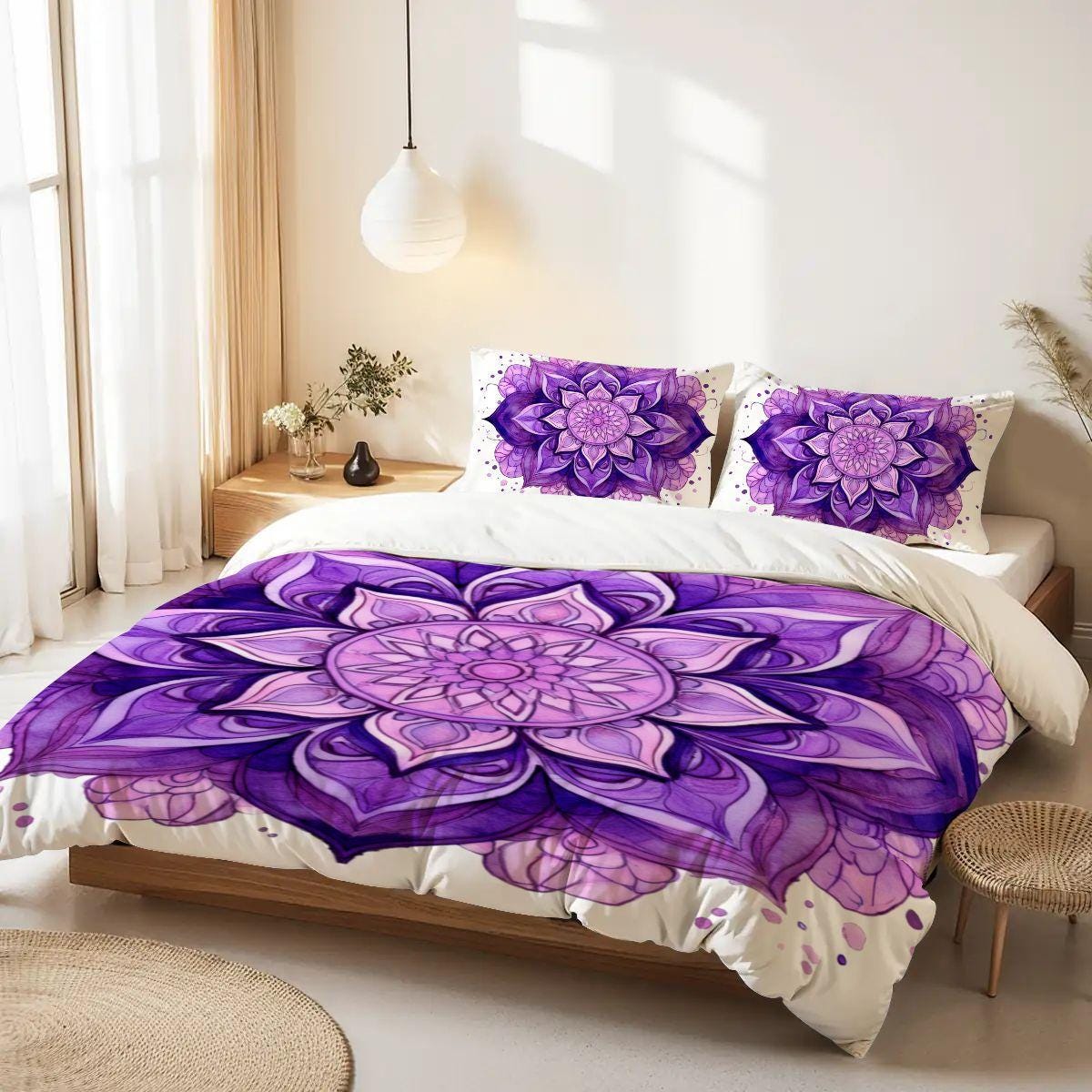 Purple Mandala Queen Duvet Cover Set – Boho Chic White Bedding, Cozy and Stylish Bedroom Decor