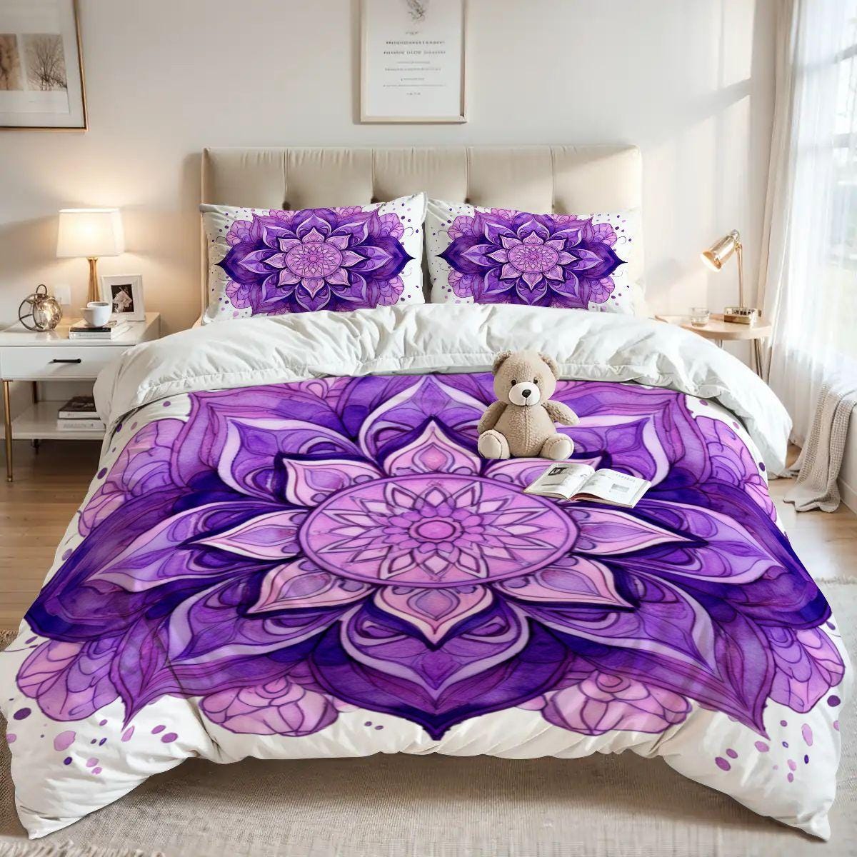 Purple Mandala Queen Duvet Cover Set – Boho Chic White Bedding, Cozy and Stylish Bedroom Decor
