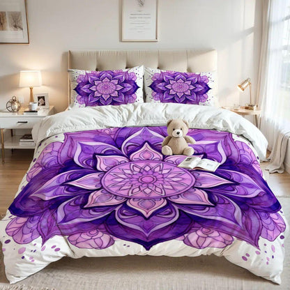 Purple Mandala Queen Duvet Cover Set – Boho Chic White Bedding, Cozy and Stylish Bedroom Decor