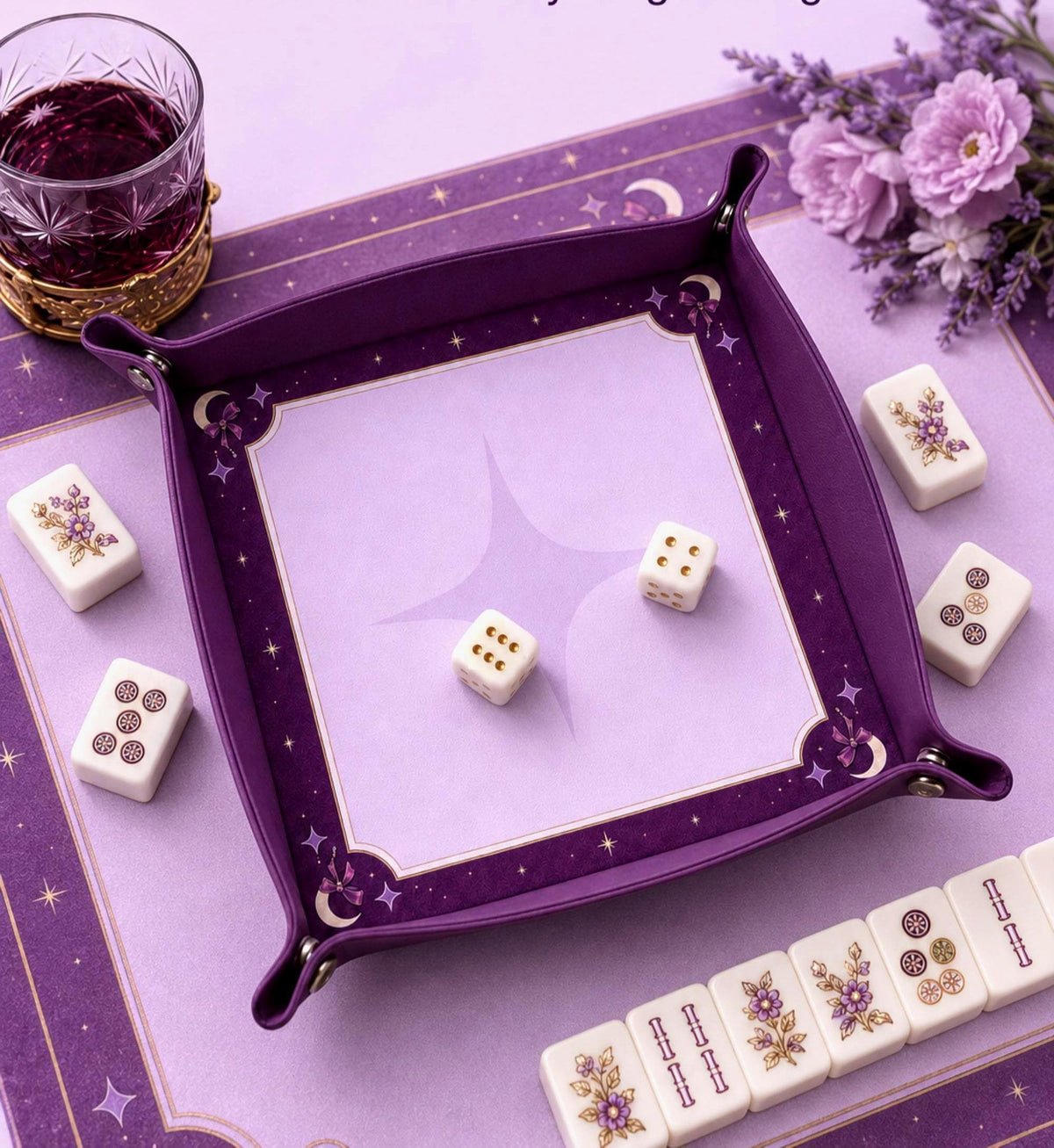Dice Tray Purple Leather, Moon Design Dice Rolling Tray, Gift for DND Players, Mahjong Gifts