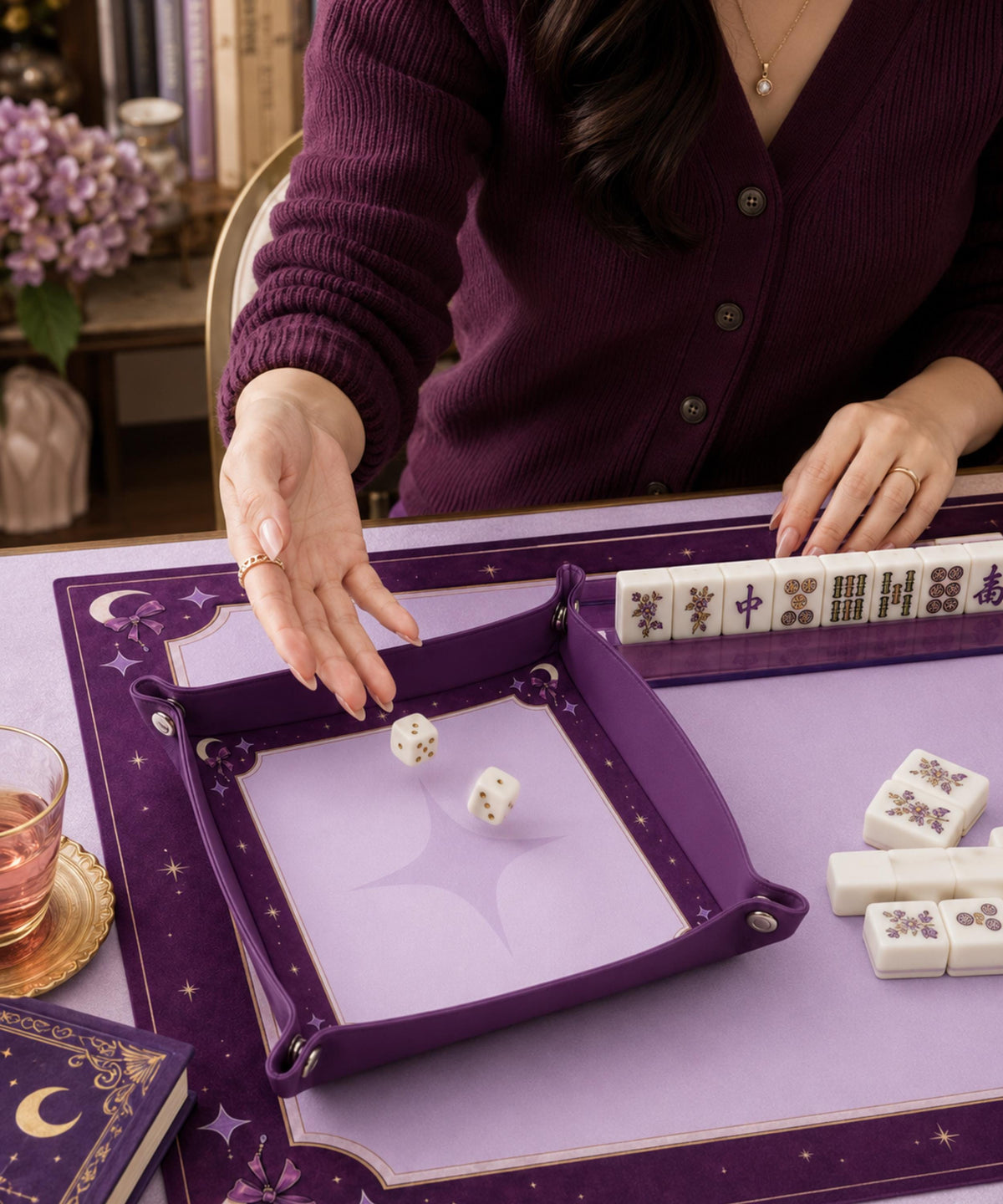 Dice Tray Purple Leather, Moon Design Dice Rolling Tray, Gift for DND Players, Mahjong Gifts