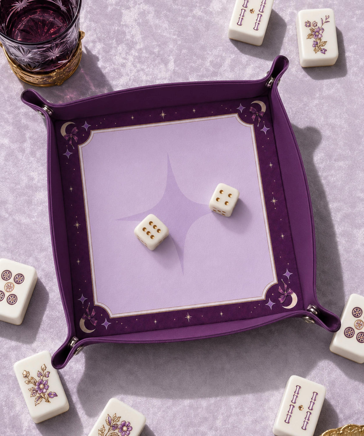 Dice Tray Purple Leather, Moon Design Dice Rolling Tray, Gift for DND Players, Mahjong Gifts
