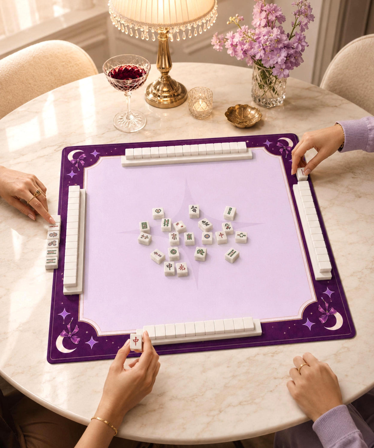Mahjong Mat with Rules | 33x33 Non-Slip Mahjong Playing Mat Purple Celestial Design | Pastel Goth Moon & Stars Game Mat Mahjong Gift