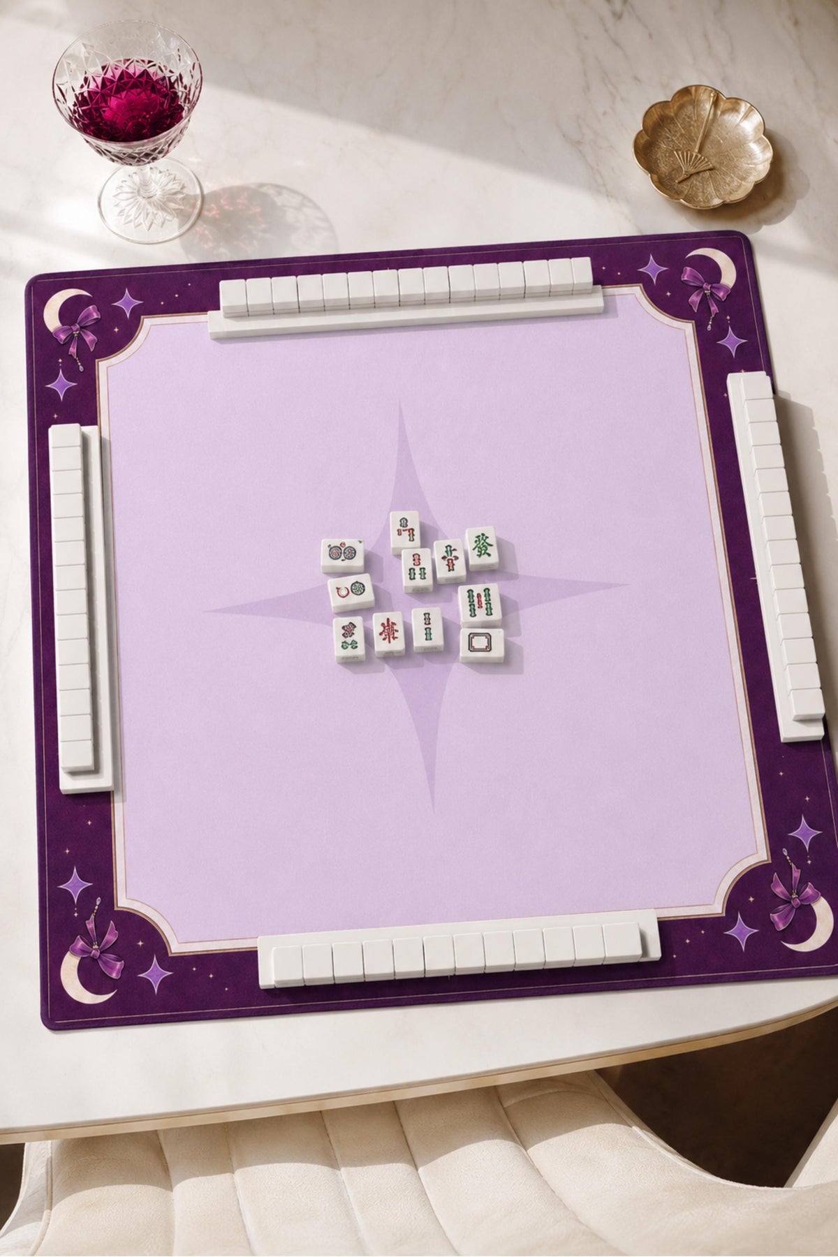 Mahjong Mat with Rules | 33x33 Non-Slip Mahjong Playing Mat Purple Celestial Design | Pastel Goth Moon & Stars Game Mat Mahjong Gift
