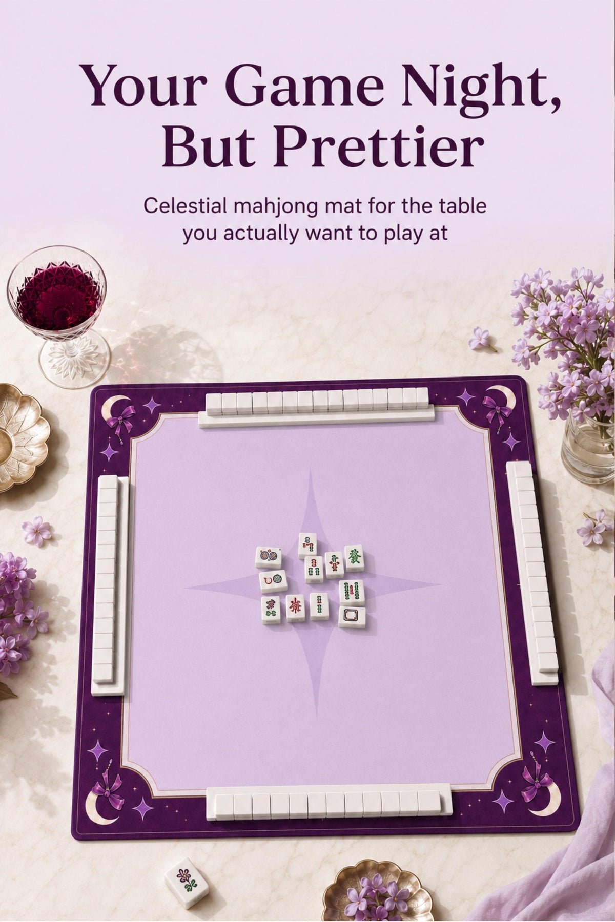 Mahjong Mat with Rules | 33x33 Non-Slip Mahjong Playing Mat Purple Celestial Design | Pastel Goth Moon & Stars Game Mat Mahjong Gift