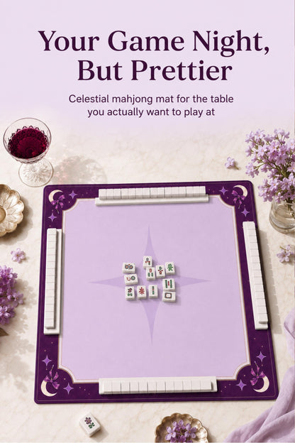 Mahjong Mat with Rules | 33x33 Non-Slip Mahjong Playing Mat Purple Celestial Design | Pastel Goth Moon & Stars Game Mat Mahjong Gift