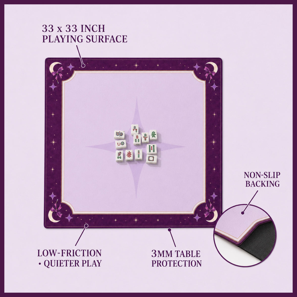Mahjong Mat with Rules | 33x33 Non-Slip Mahjong Playing Mat Purple Celestial Design | Pastel Goth Moon & Stars Game Mat Mahjong Gift
