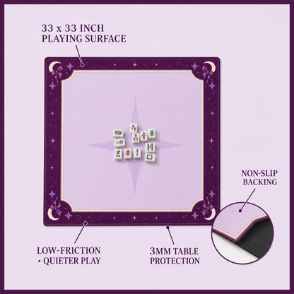 Mahjong Mat with Rules | 33x33 Non-Slip Mahjong Playing Mat Purple Celestial Design | Pastel Goth Moon & Stars Game Mat Mahjong Gift