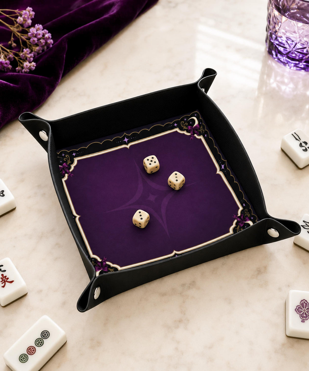 DND Dice Tray Purple Leather, Whimisgoth Moon Design Dice Rolling Tray, Gift for DND Players, Mahjong Gifts under 25