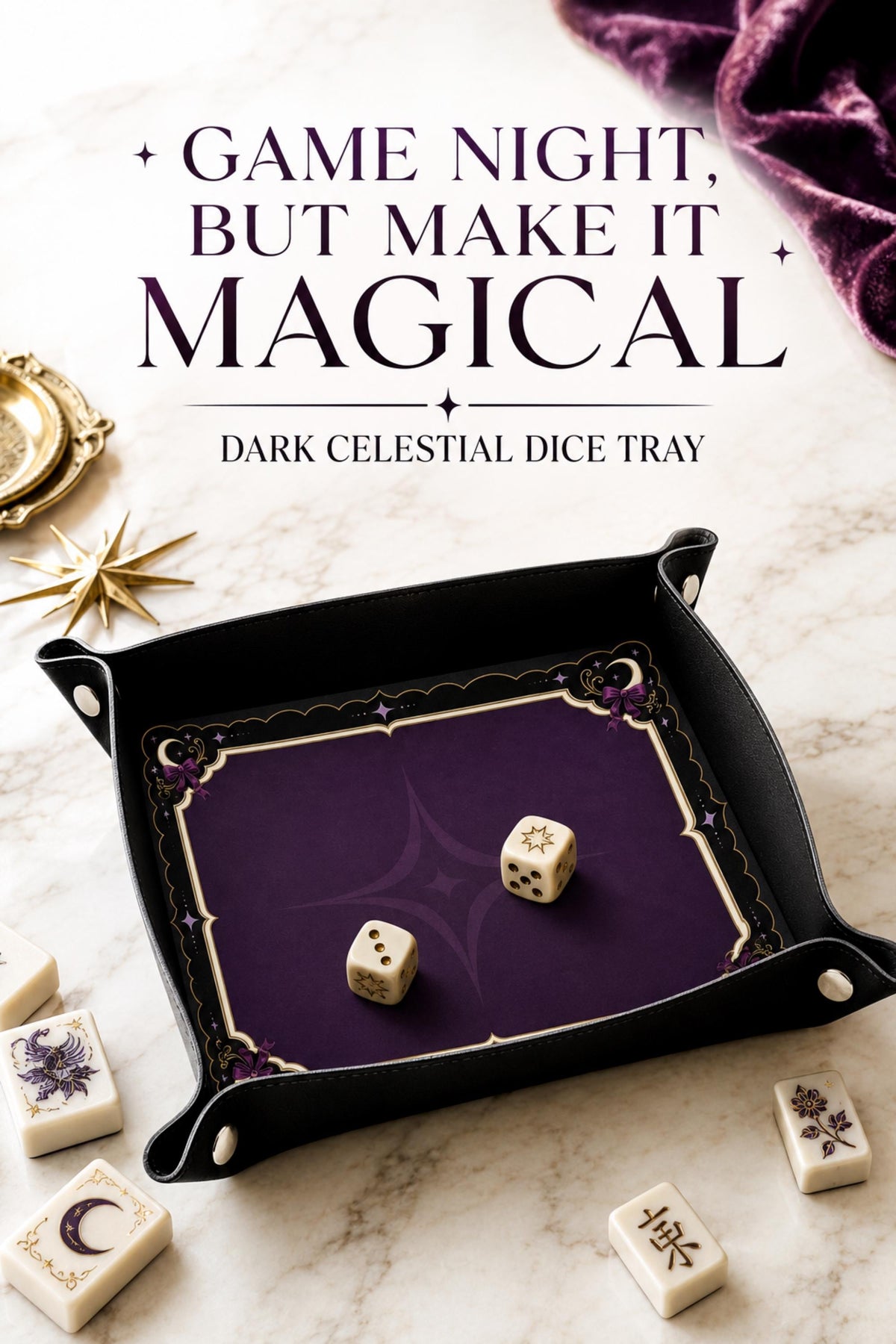 DND Dice Tray Purple Leather, Whimisgoth Moon Design Dice Rolling Tray, Gift for DND Players, Mahjong Gifts under 25