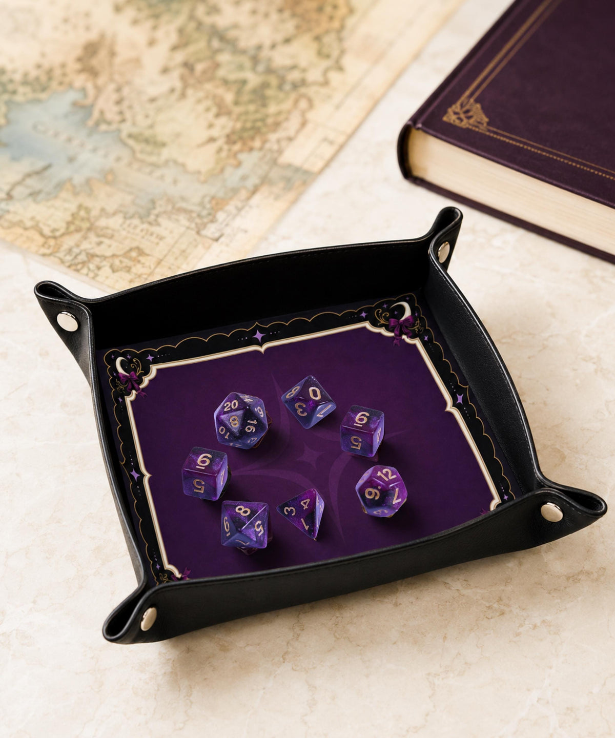 DND Dice Tray Purple Leather, Whimisgoth Moon Design Dice Rolling Tray, Gift for DND Players, Mahjong Gifts under 25