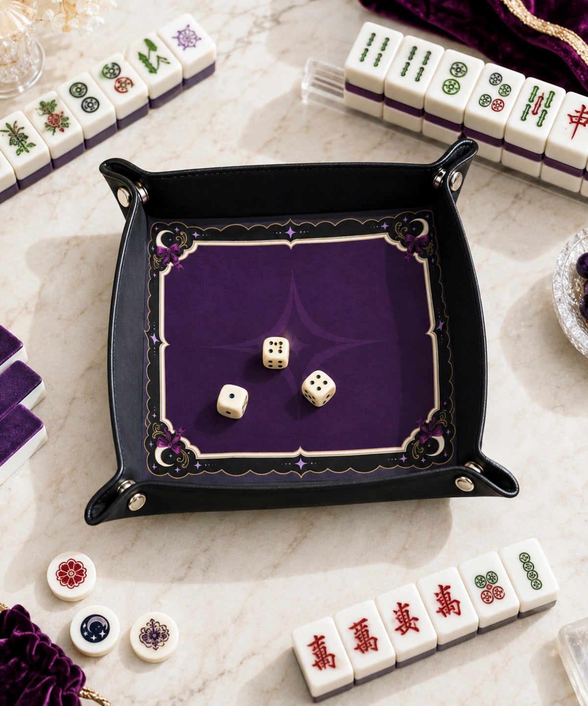 DND Dice Tray Purple Leather, Whimisgoth Moon Design Dice Rolling Tray, Gift for DND Players, Mahjong Gifts under 25