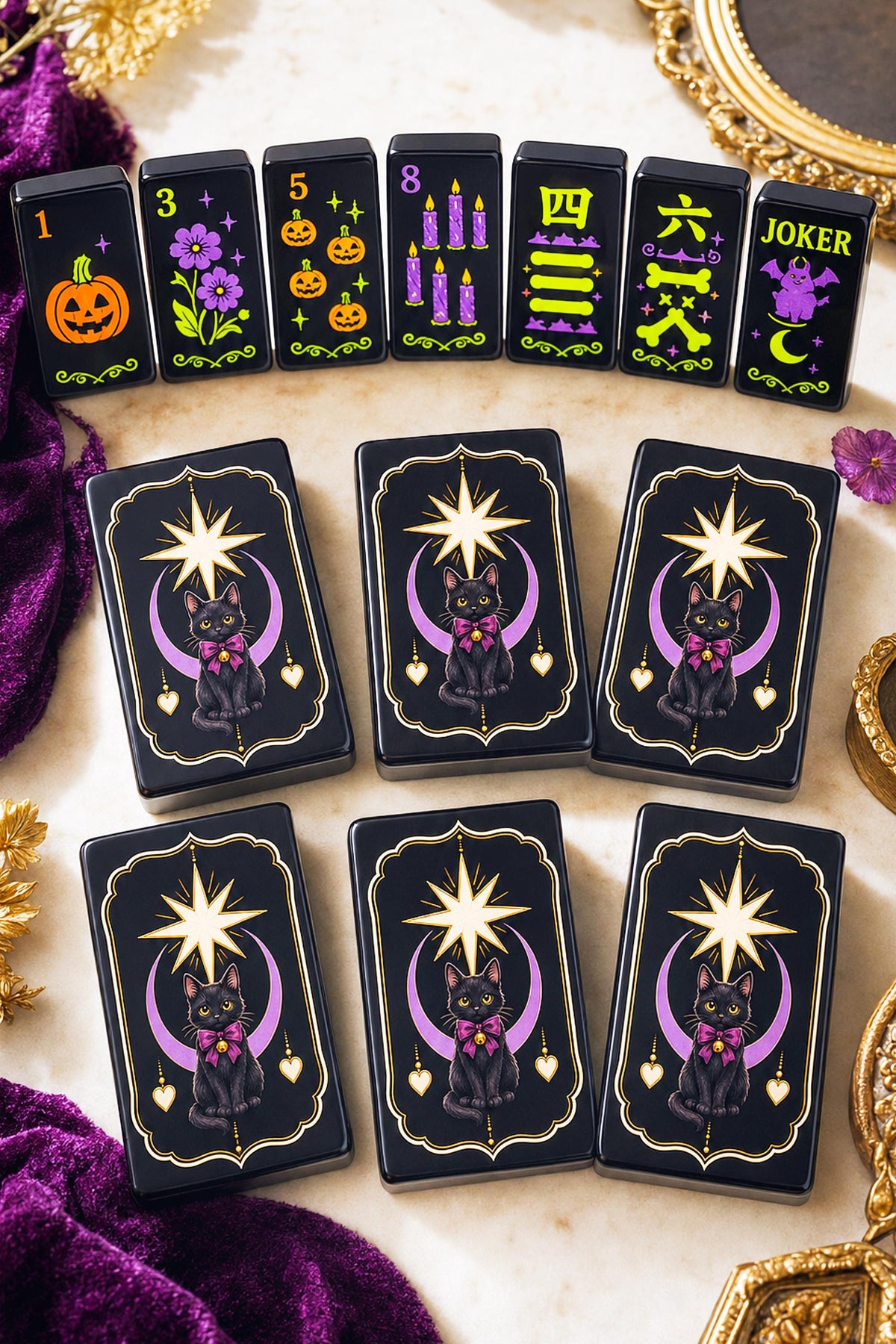 Cute Kitty Halloween Mahjong Tiles, Mahjong Set with Rules, Black Cat Design Luxury Mahjong Tiles Acrylic