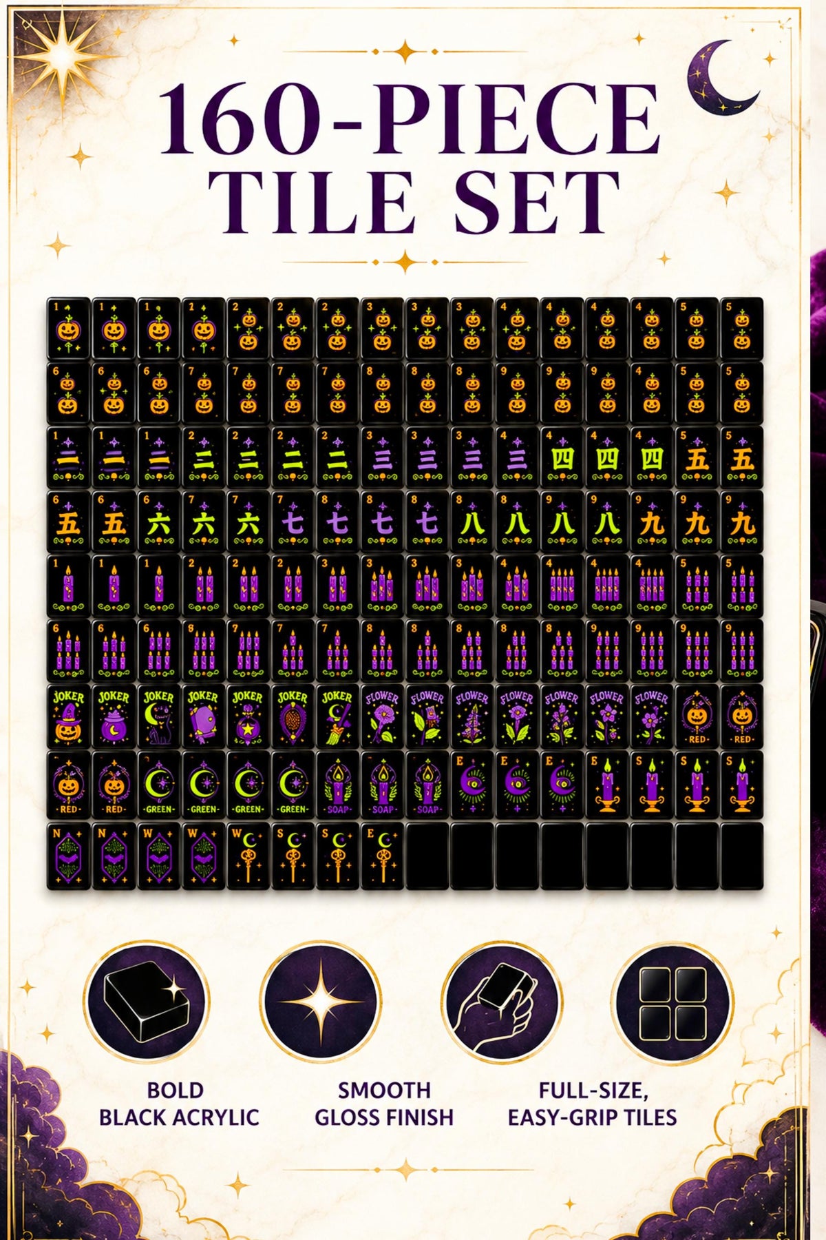 Cute Kitty Halloween Mahjong Tiles, Mahjong Set with Rules, Black Cat Design Luxury Mahjong Tiles Acrylic