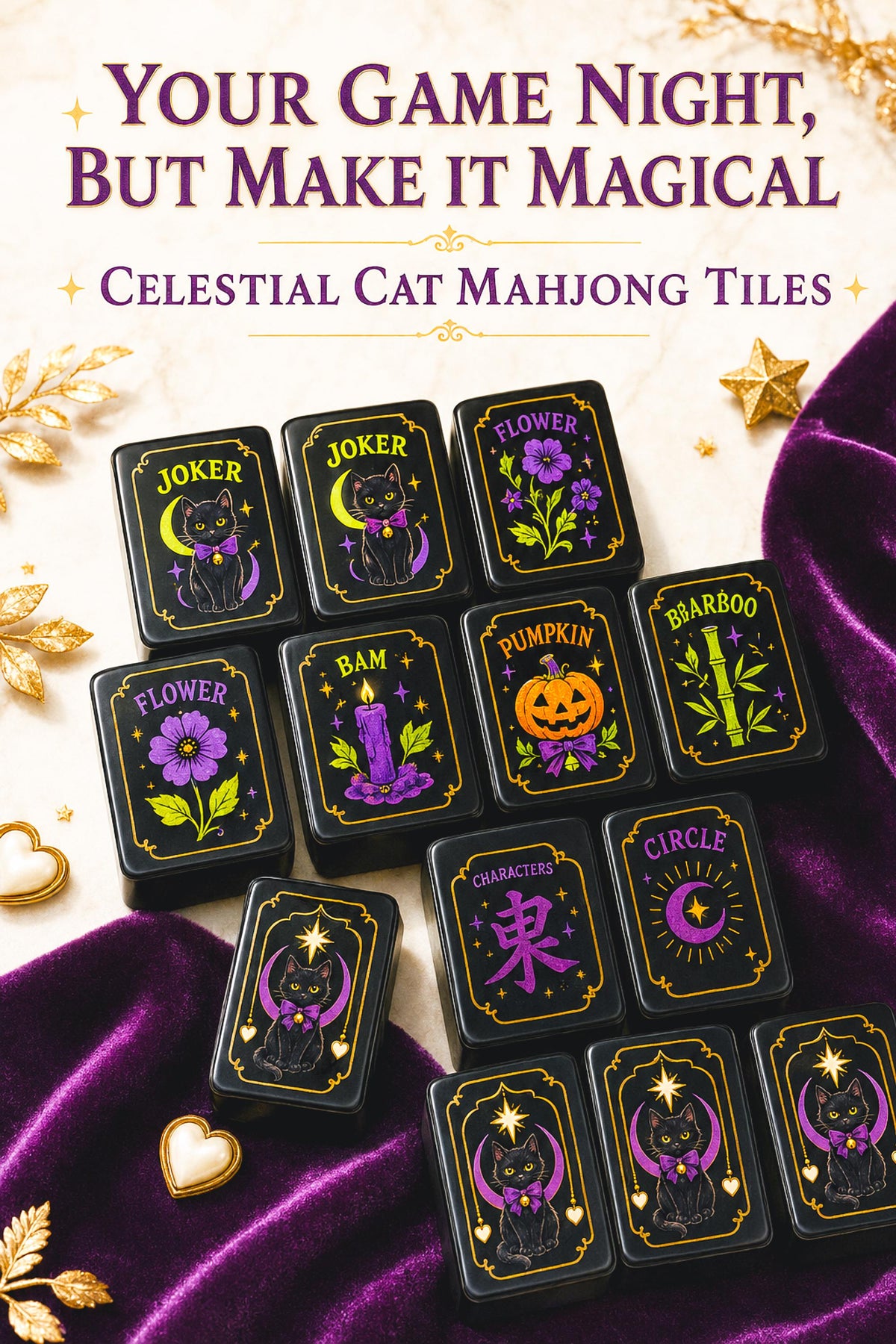 Cute Kitty Halloween Mahjong Tiles, Mahjong Set with Rules, Black Cat Design Luxury Mahjong Tiles Acrylic