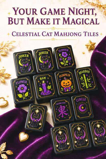 Cute Kitty Halloween Mahjong Tiles, Mahjong Set with Rules, Black Cat Design Luxury Mahjong Tiles Acrylic
