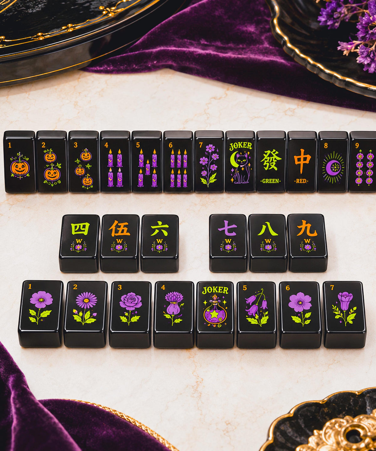 Cute Kitty Halloween Mahjong Tiles, Mahjong Set with Rules, Black Cat Design Luxury Mahjong Tiles Acrylic