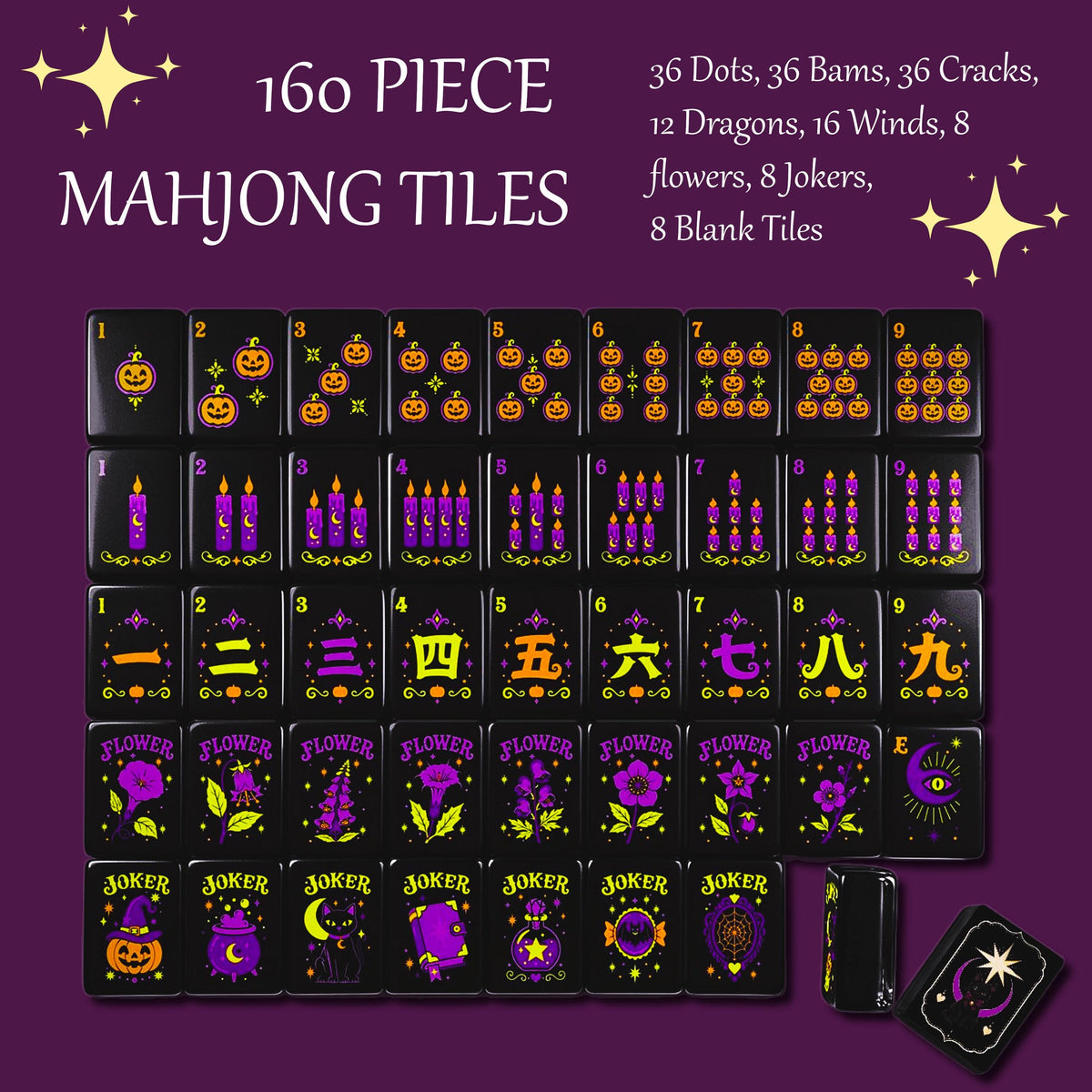 Cute Kitty Halloween Mahjong Tiles, Mahjong Set with Rules, Black Cat Design Luxury Mahjong Tiles Acrylic