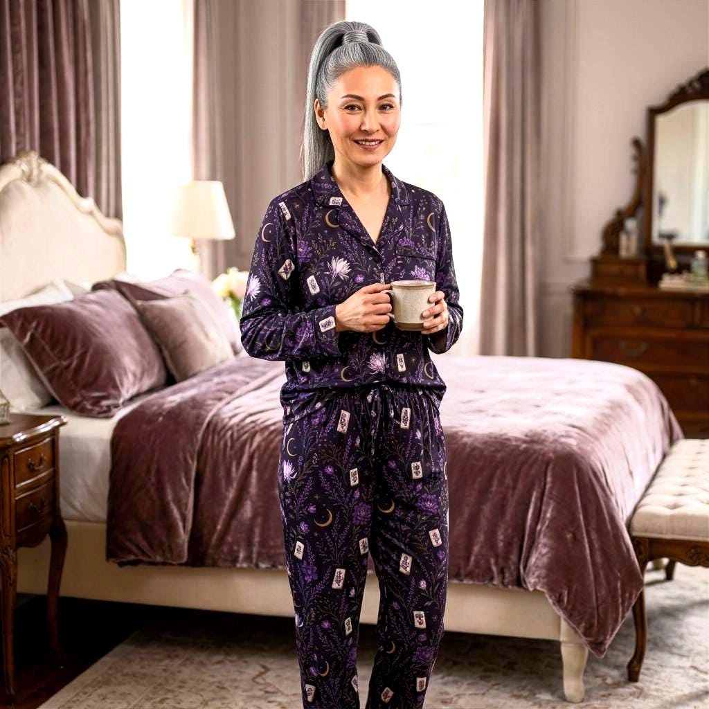 May include: A dark purple pajama set featuring a repeating pattern of white crescent moons, tarot cards, and purple floral sprigs. The long-sleeved button-down top has a collar and a chest pocket, while the matching pants have an elastic drawstring waist.