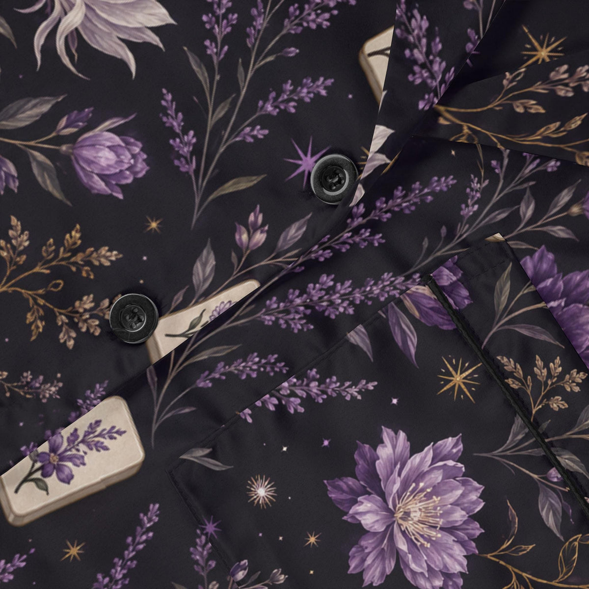 Mahjong & Floral Pattern Pajamas | Midnight Purple Luxury Satin Sleepwear for Women S-4XL