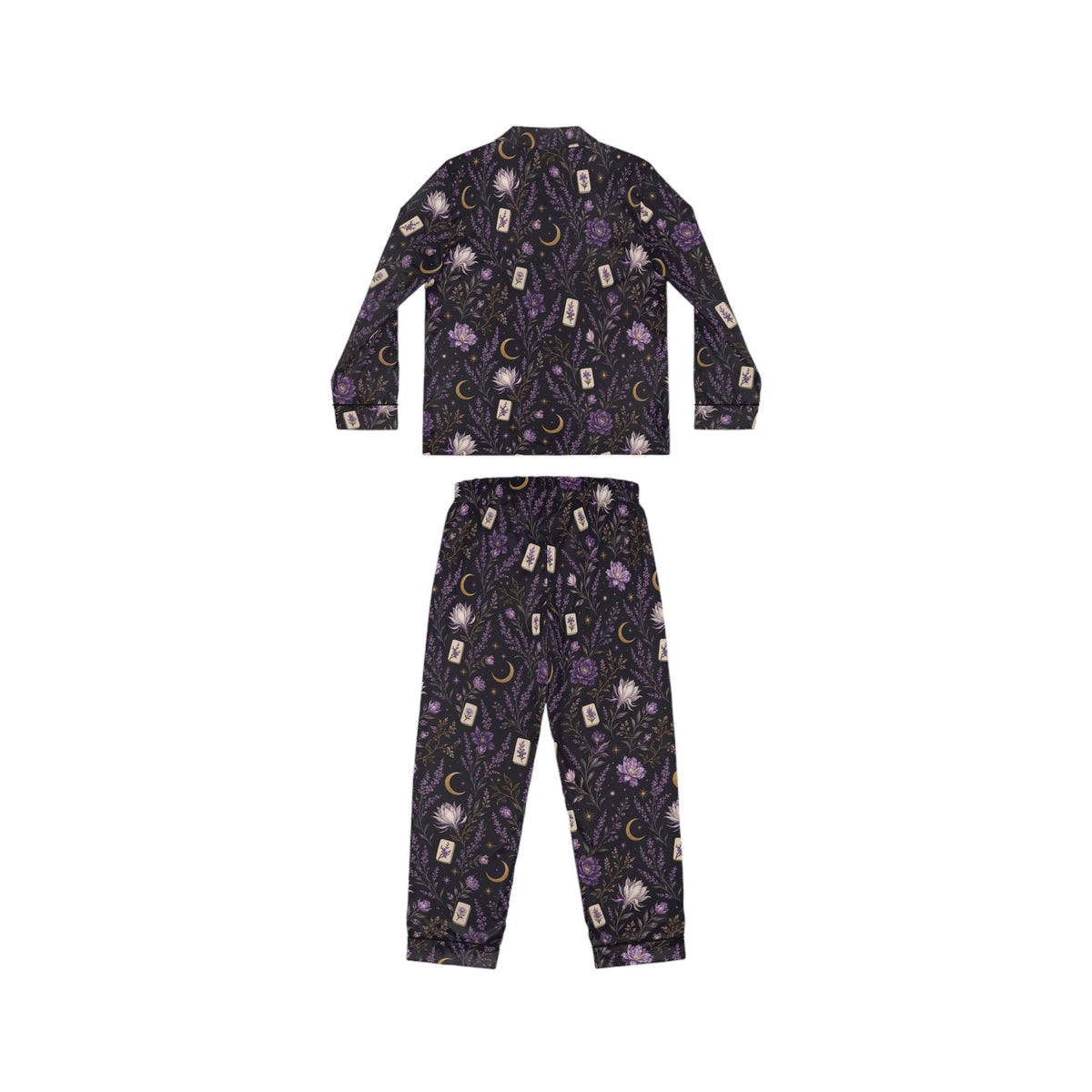 Mahjong & Floral Pattern Pajamas | Midnight Purple Luxury Satin Sleepwear for Women S-4XL
