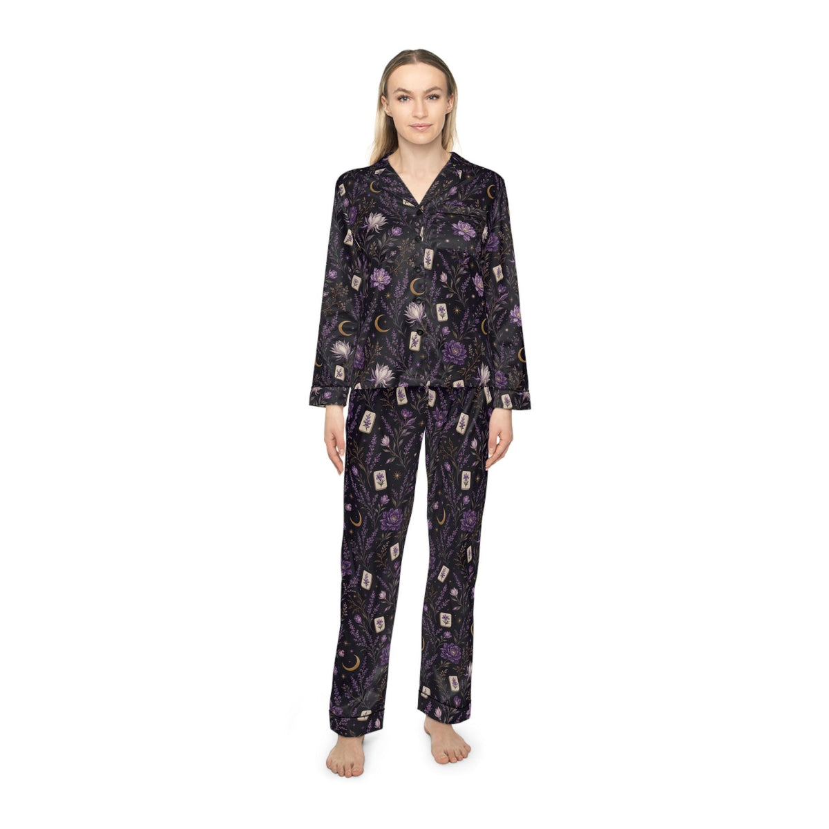 Mahjong & Floral Pattern Pajamas | Midnight Purple Luxury Satin Sleepwear for Women S-4XL